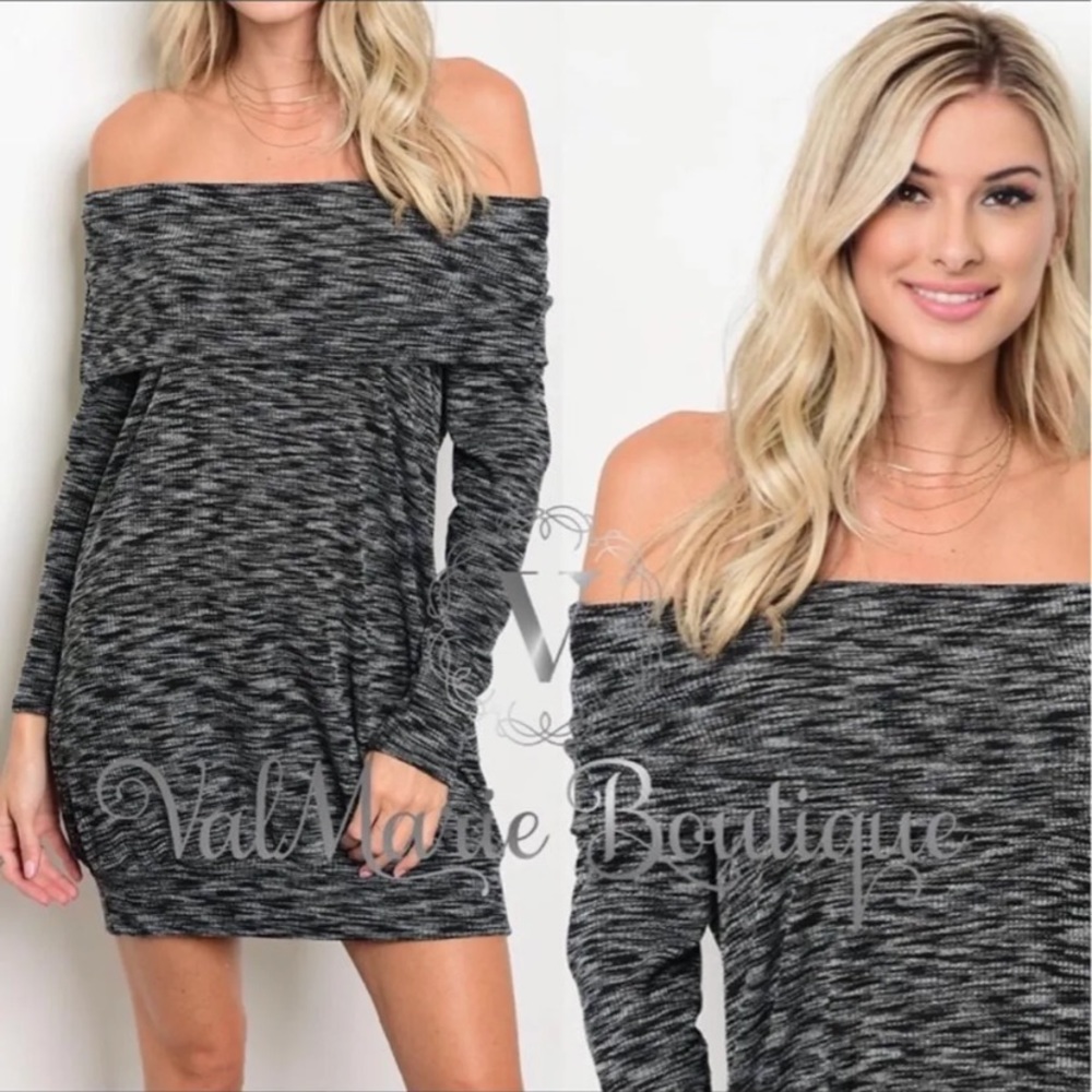 New! Grey & black marled off shoulder dress.